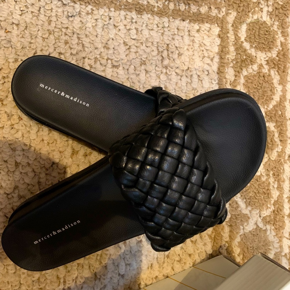 Leather braided slip on sandals